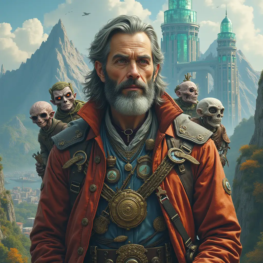 Ultra-detailed hyper-realistic portrait of Multiverse time traveler with various strange beings with futuristic glass towers. In the background, there are elaborately detailed, colorful, wooded mountains, and a city.