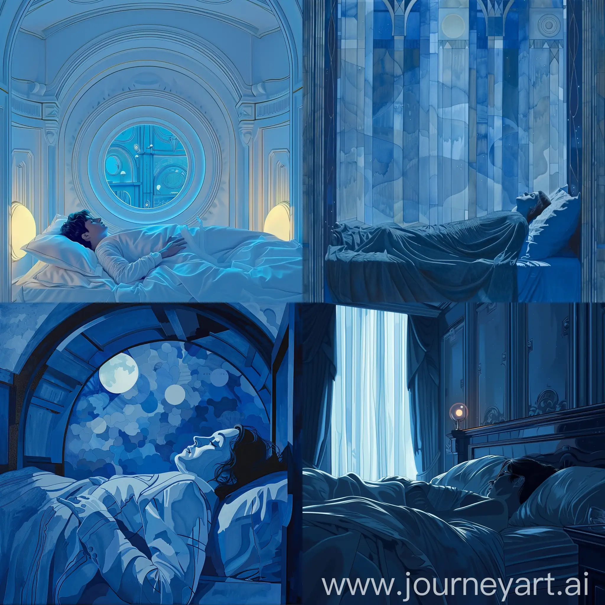 Lonely-Person-Lying-in-Bed-Art-Deco-Style-in-Blue-Tones