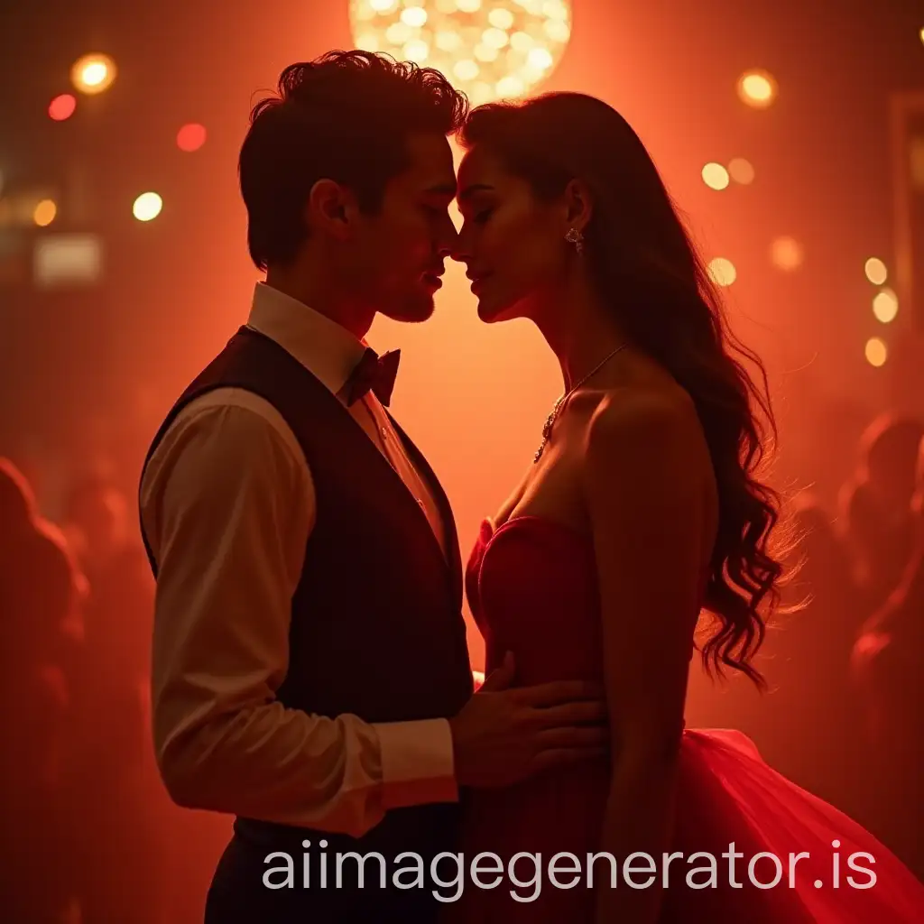 a couple dressed in red and white evening wear dancing while looking into each other's eyes lovingly and sensually with a beautiful nice background image