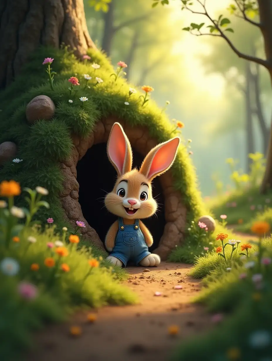 Fluffy-Rabbit-with-Blue-Overalls-Emerging-from-Cozy-Burrow-in-a-Sunlit-Forest