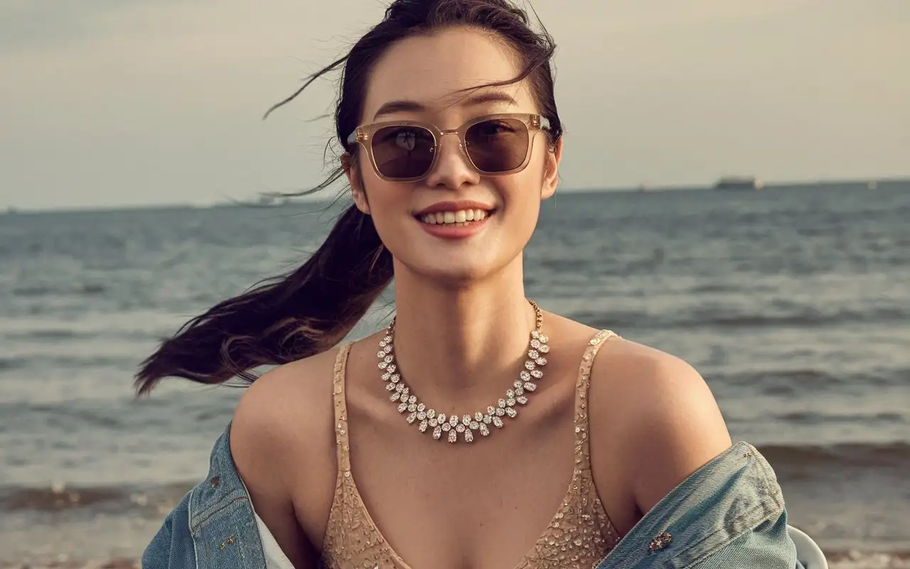 Glamorous-Chinese-Model-Smiling-at-Camera-on-Seaside-in-Summer-Attire