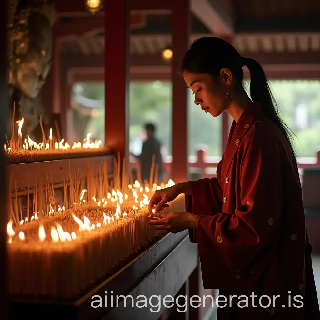 Japanese woman lighting incense sticks in a Buddhist temple