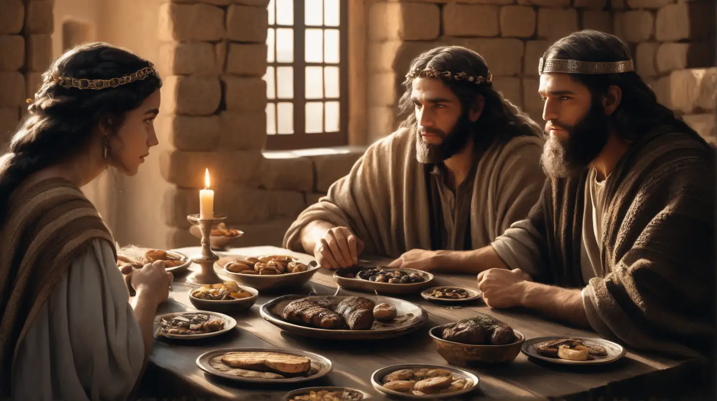 Hebrew Couple Dining with Grilled Meat in Biblical Era Setting