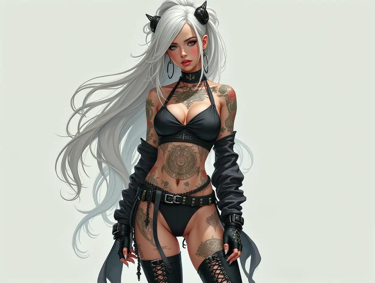 Depiction of a beautiful white woman with tattoos and long mixed white-black hair in a futuristic style and laced boots