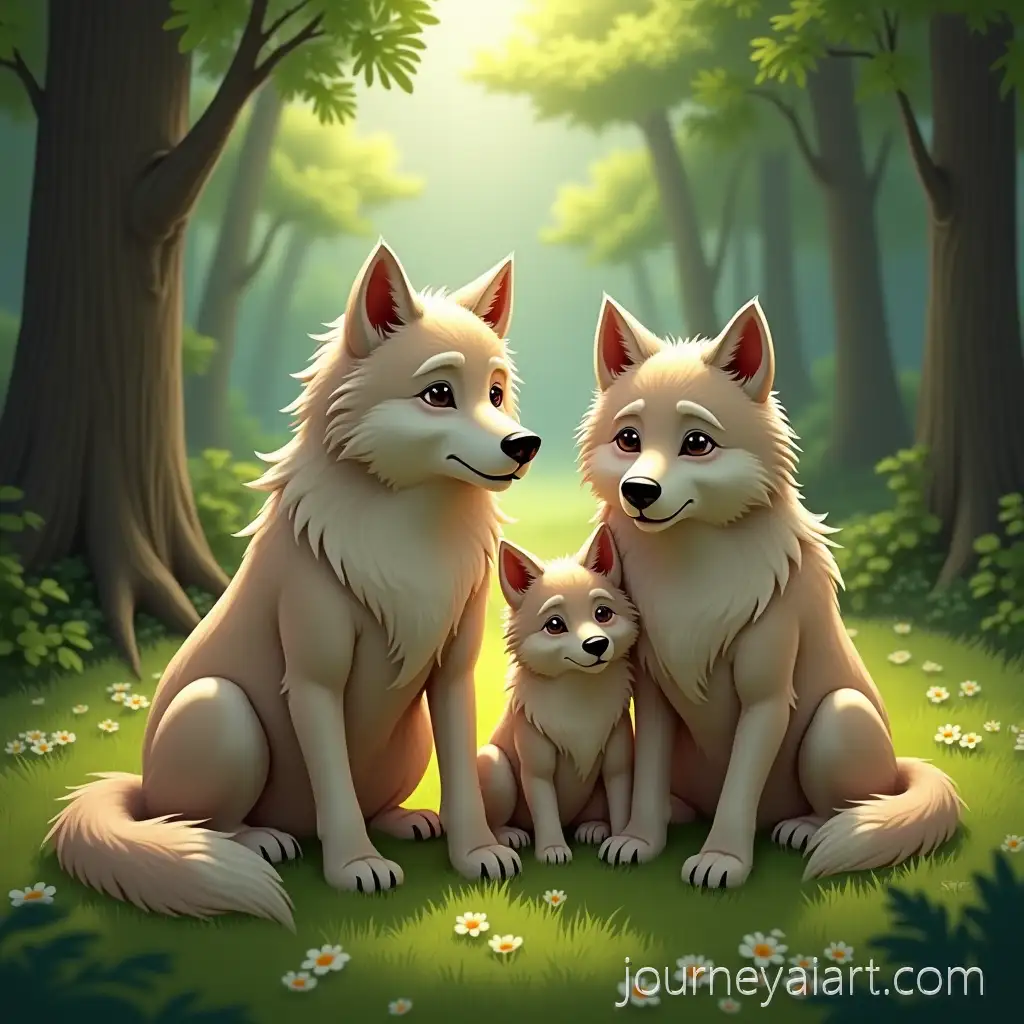 Family-of-Wolves-in-Peaceful-Forest-withWolf-family-in-forest-Sunlight-Streaming-Through-Trees