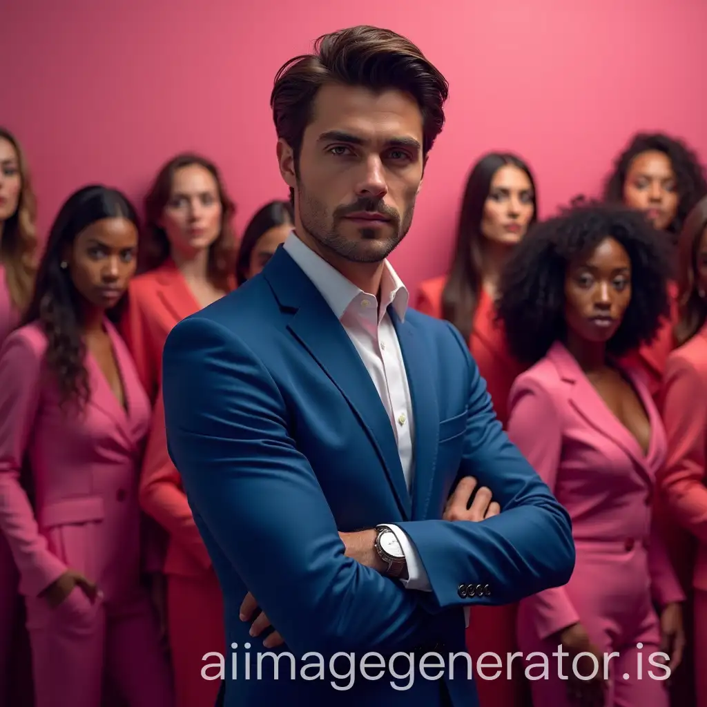 Charismatic-Brunette-Man-in-Blue-Suit-Surrounded-by-Women-in-Pink