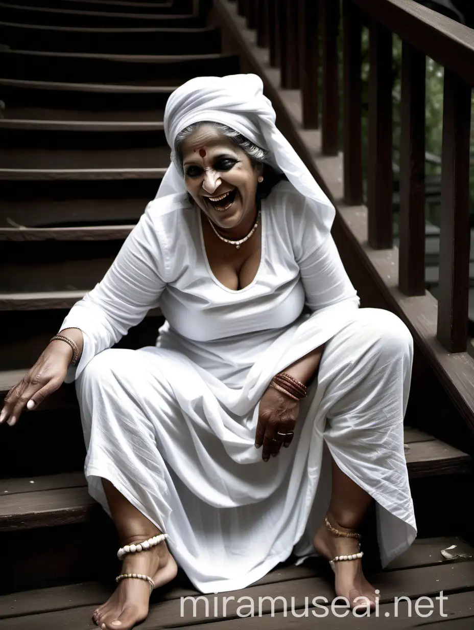 Laughing Indian Woman Seated on Haunted Mansion Stairs