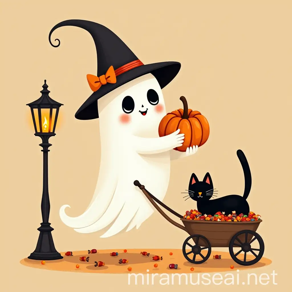 Whimsical Ghost with Pumpkin and Cat in a Wheelbarrow