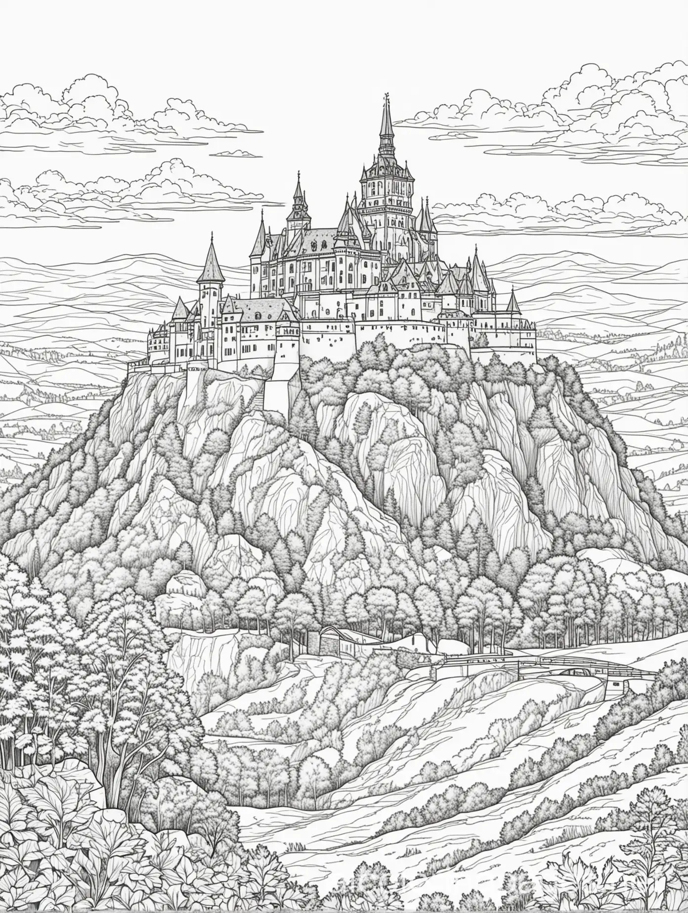 Czech-Landscape-with-Castle-on-Hill-Coloring-Page