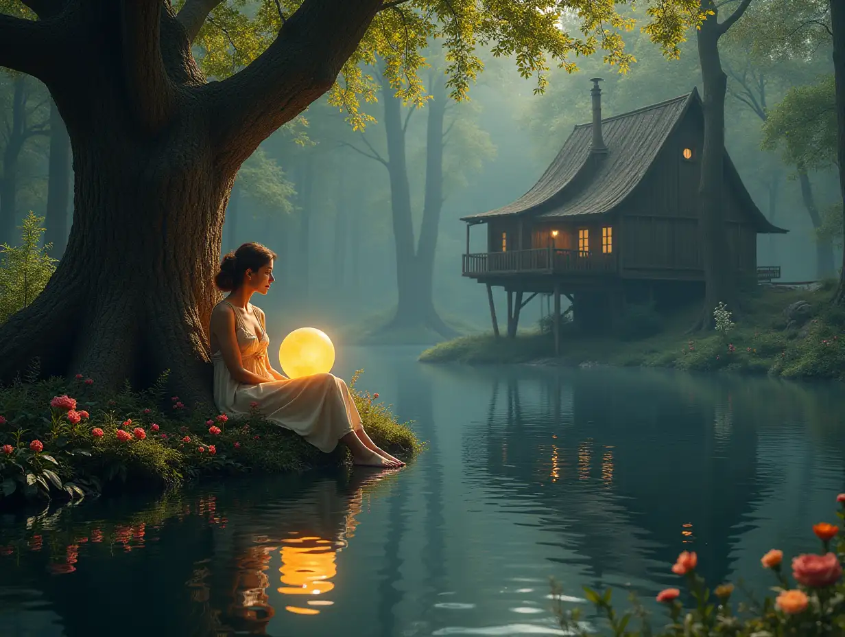 Ultradetailled hyperrealistic photo-realistic portrait of a woman sitting on a big tree with a glowing ball in a dreamy lake with a big treehouse with many tall trees and many colorful flowers and colorful plants Texture, surfaces and lighting, to give depth, dimension and a colorful photo-realistic appearance.30mm shot