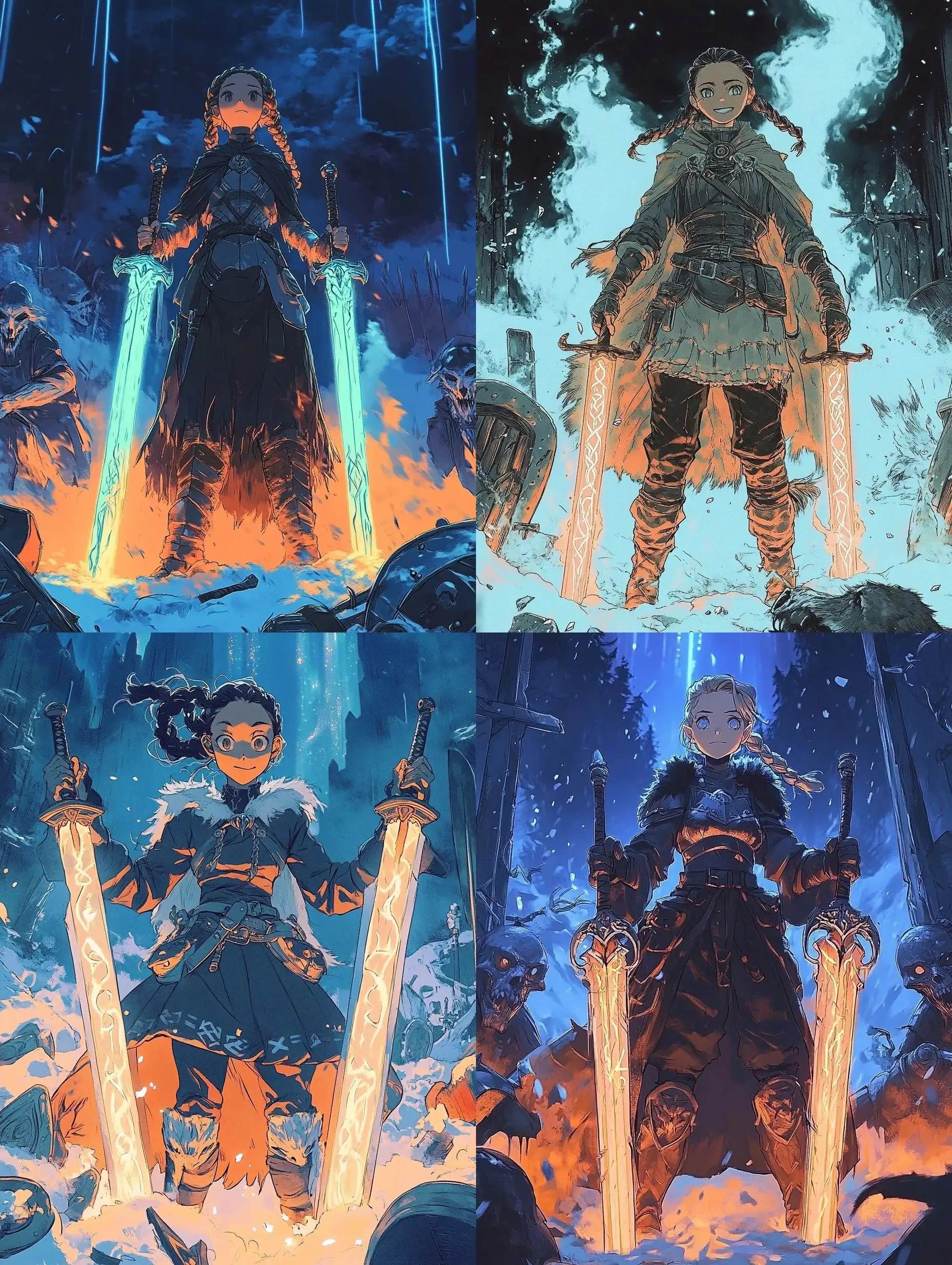 Fierce-Female-Medieval-Warrior-in-Snowy-Battlefield-with-Glowing-Swords-and-Northern-Lights