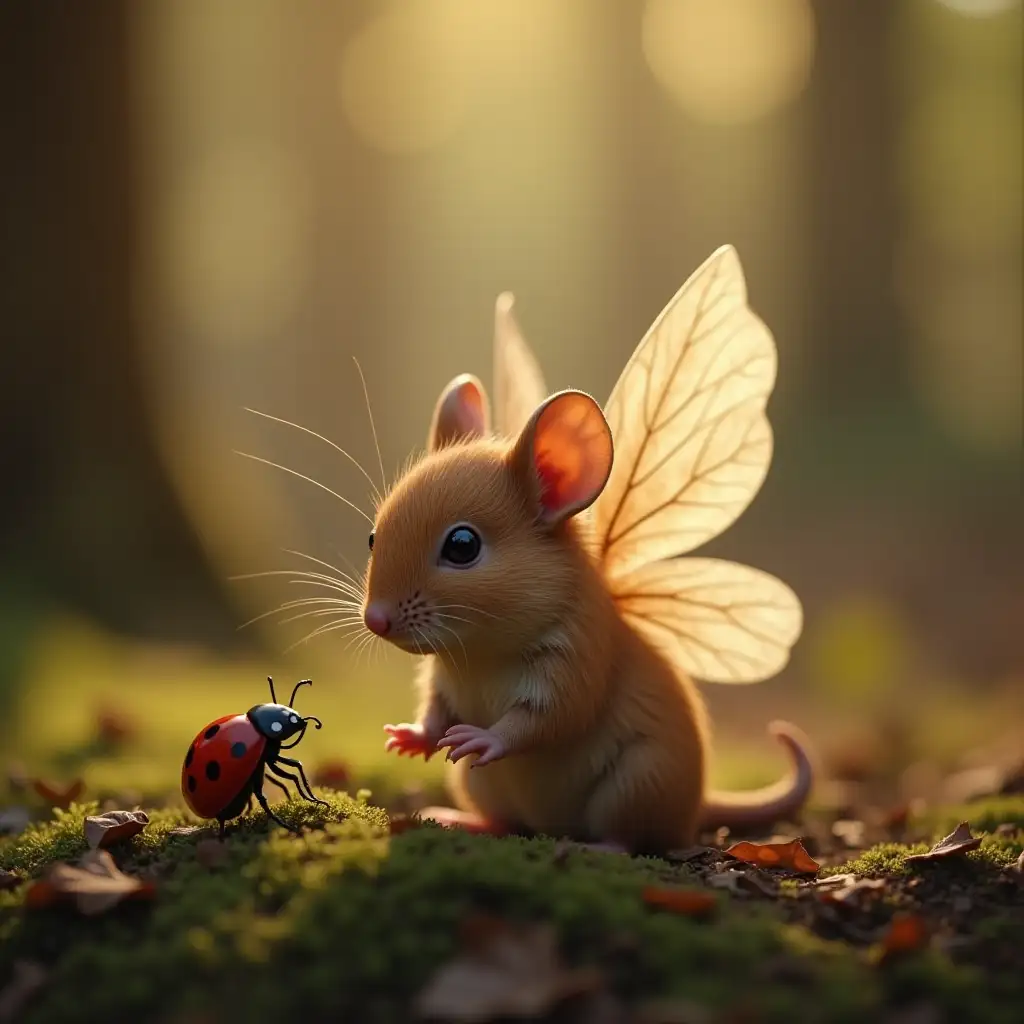 Tiny-Mouse-with-Faerie-Wings-and-Ladybug-in-Enchanted-Forest