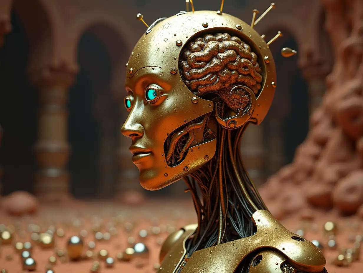 Create a high-resolution, realistic image of the artificial intelligence Robert, 40 meters tall, with eyes, many people with visible gold brains, screws with many glass balls on the floor, the Mars 4k resolution with