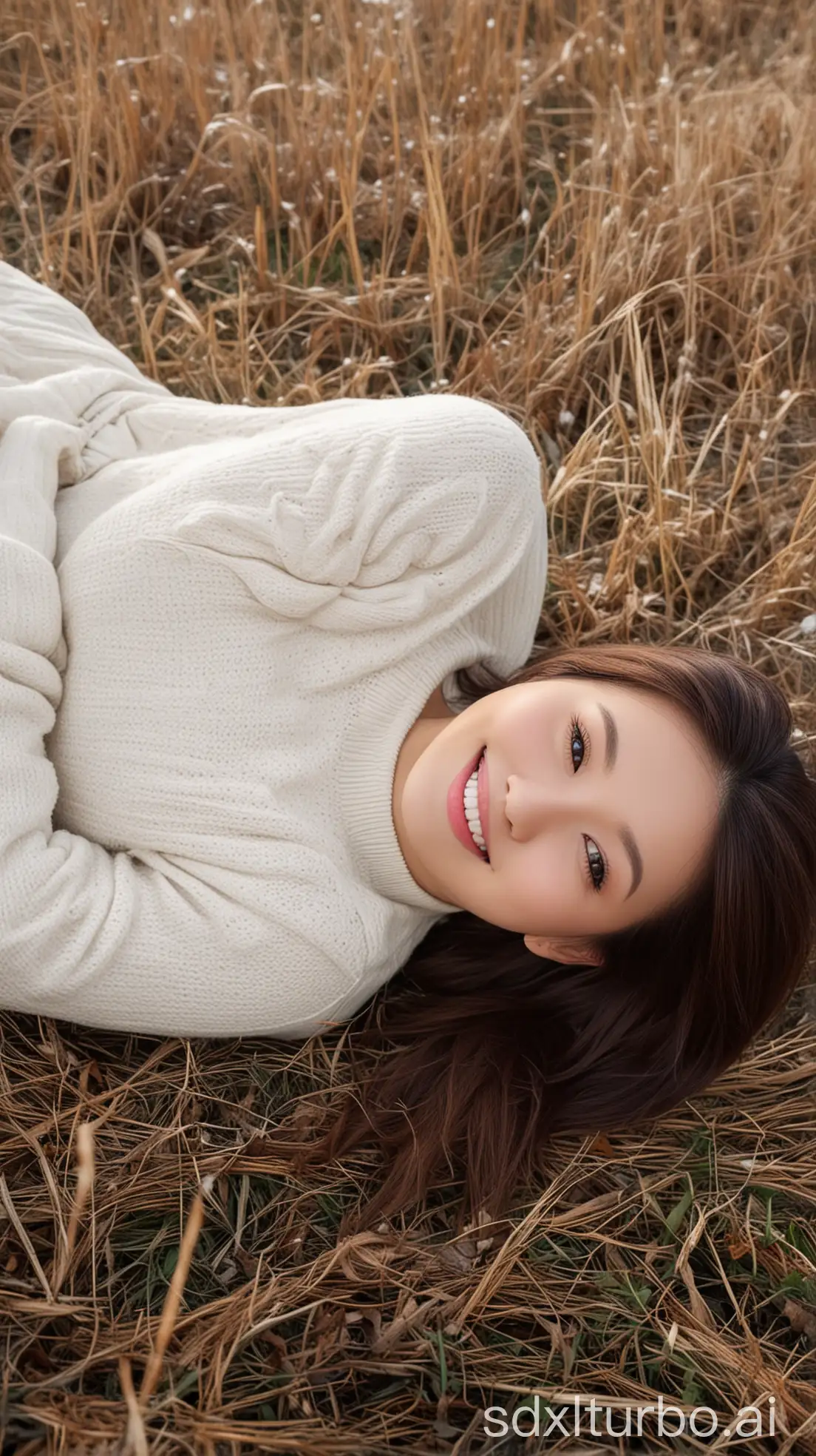 Chinese-Woman-in-Winter-Outfit-Lying-on-Prairie-Smiling-and-Relaxing