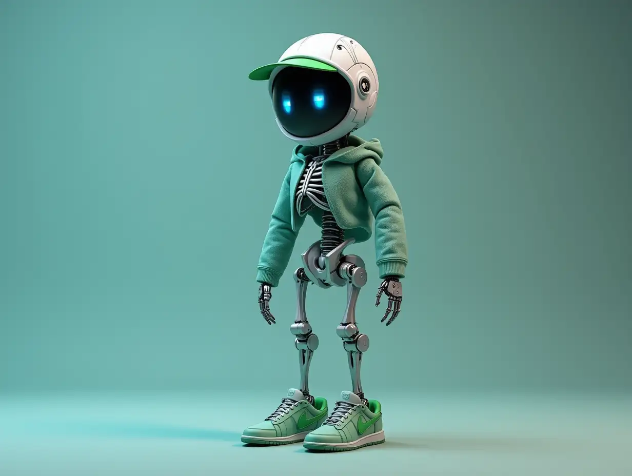 Create a high-resolution, realistic image of a robot with a skeleton body blue eyes, green leather shoes and head a fashion sportswear, in 4K resolution