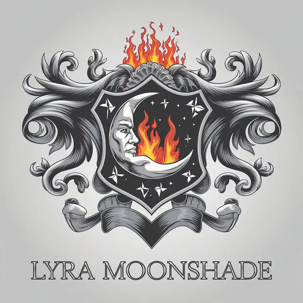 LOGO Design for Lyra Moonshade Family Crest with Moon and Fireballs Theme