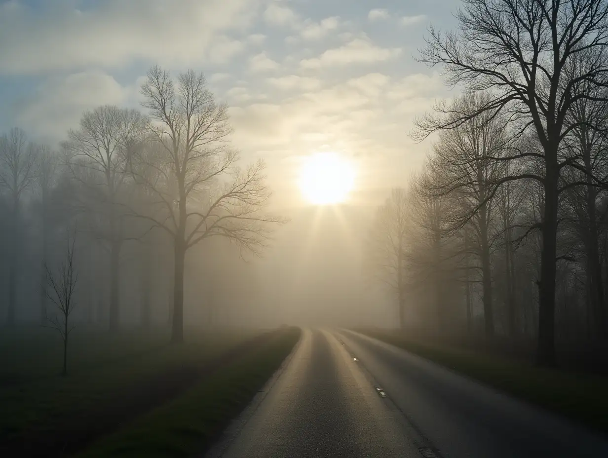 Spring landscape with trees along the road in thick fog and clouds in the sky through which the sun is peeking