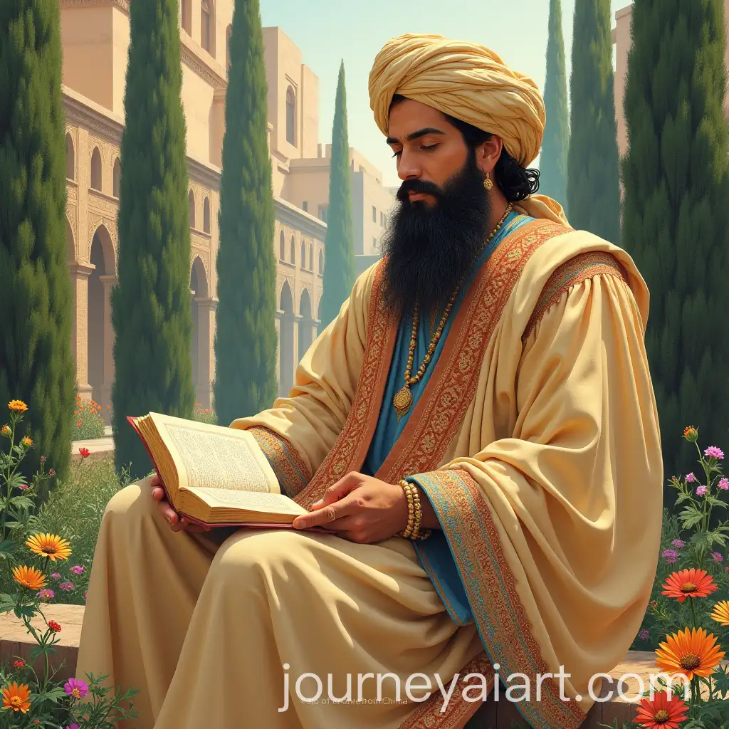 Portrait-of-Saadi-the-Persian-Poet-in-a-Traditional-Garden-with-Cypress-Trees-and-Colorful-Flowers
