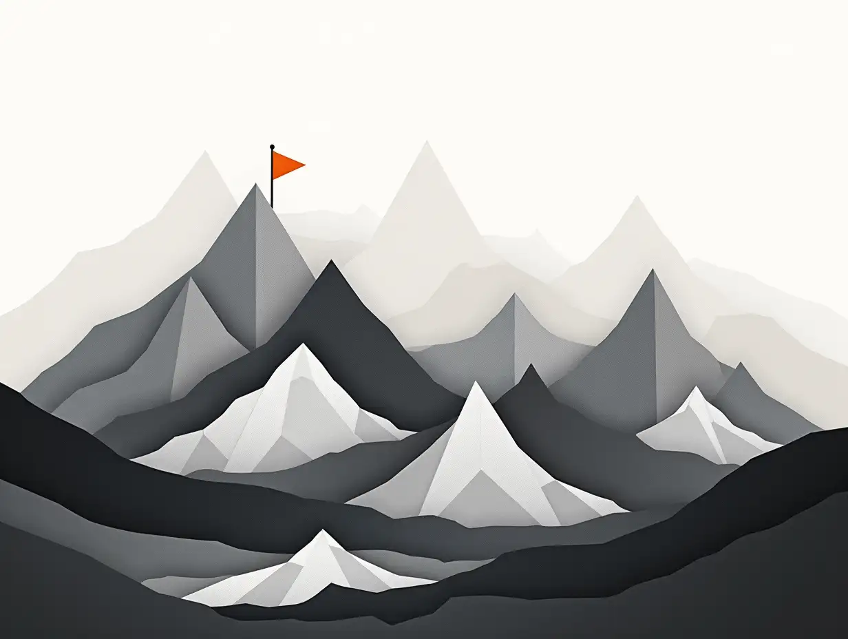 Abstract mountain landscape composed of overlapping geometric shapes, primarily triangles and polygons, arranged in a layered collage style. flat, two-dimensional effect with no perspective. black and white colors while maintaining a minimalistic aesthetic.stretches to horizon and beyond. on one of the peaks is a small flag in shape of orange triangle, on a pole The composition is filled with intricate geometric patterns leaving no large blank spaces, each shape precisely cut and placed to form a cohesive yet abstract impression. No figures or identifiable elements disrupt the scene, allowing the viewer to focus on the interplay of forms and textures. The photorealistic rendering of the paper edges and textured surfaces contrasts with the abstract, digital art style, blending traditional collage techniques with modern digital precision. The overall mood is serene and contemplative, evoking the grandeur of nature through geometric abstraction. The piece exudes a clean, modern sensibility, with a focus on balance, symmetry, and the harmonious arrangement of shapes. Keywords: geometric, collage, minimalistic, abstract landscape, two-dimensional, photorealistic, digital art.