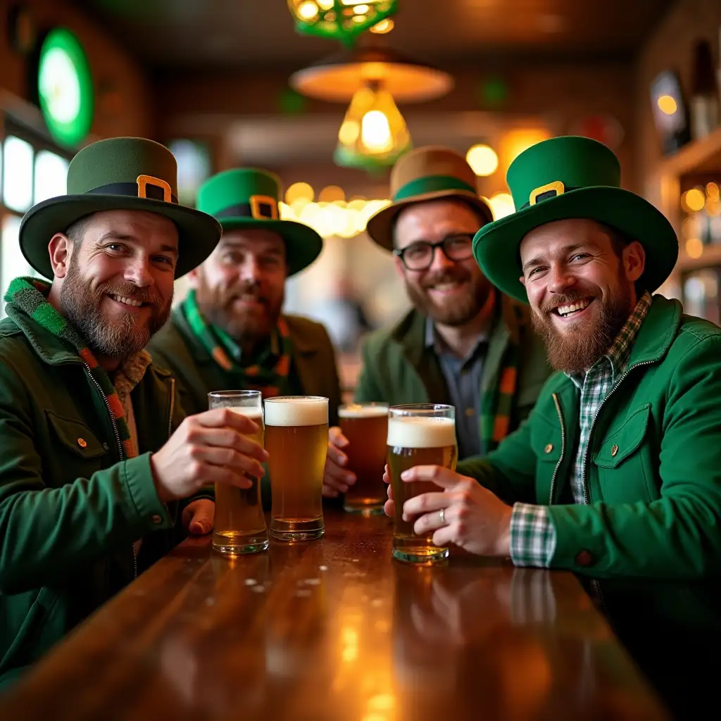 A bar full of St. Patrick's Day, four men celebrate St. Patrick's Day in the bar, holding glasses filled with beer and laughing happily. They wear various St. Patrick's Day items, two sit at the table, and the other two stand behind them. The four of them are facing the camera directly, Everyone should be clearly visible. St. Patrick's Day, atmosphere, live action, delicate,The picture is bright and clear,