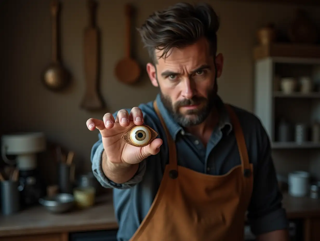 wolverine mason craftman wearing an apron's hand holding an eyeball facing the camera