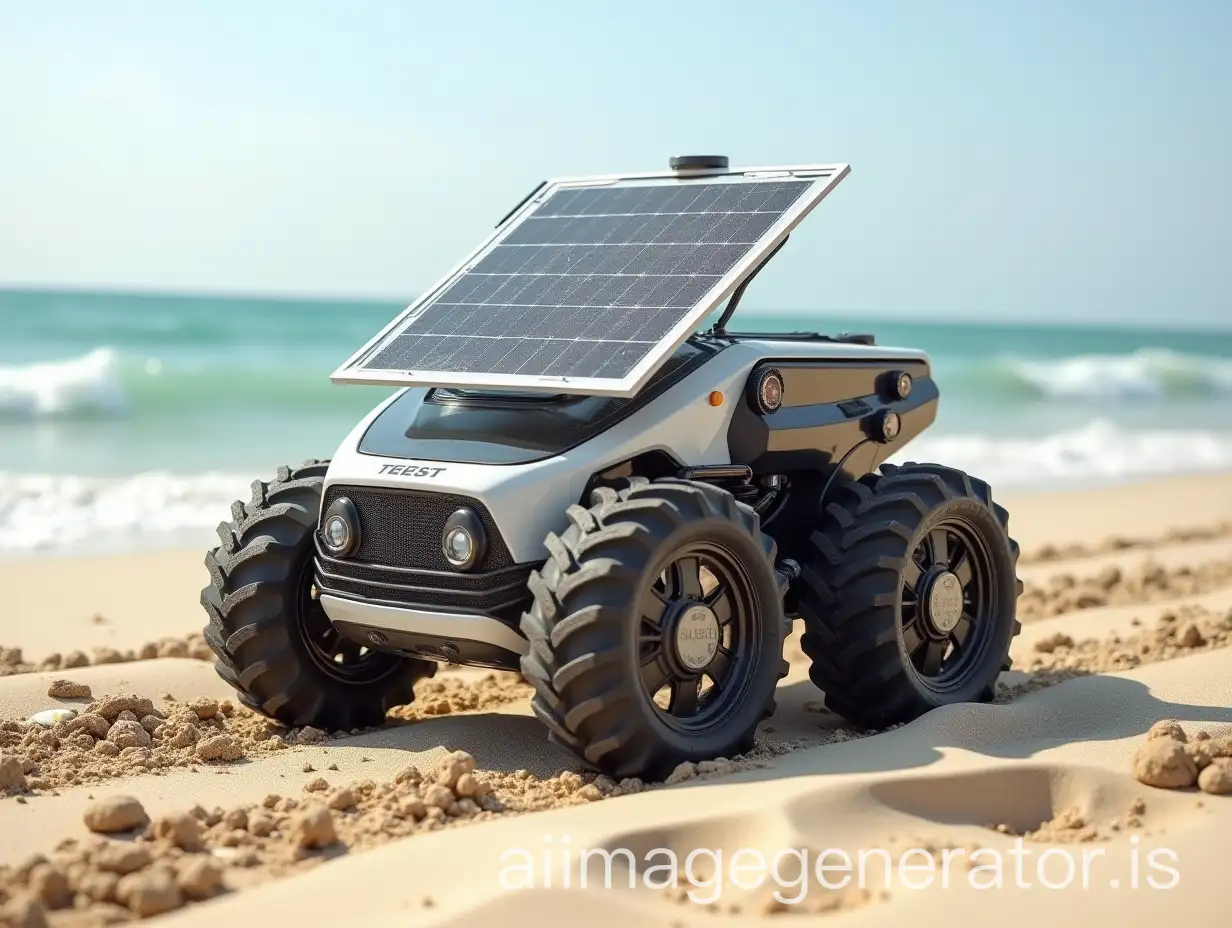 a robot cleaning beach sand with wheels and sensors also it collects waste inside it plus it carries a solar panel