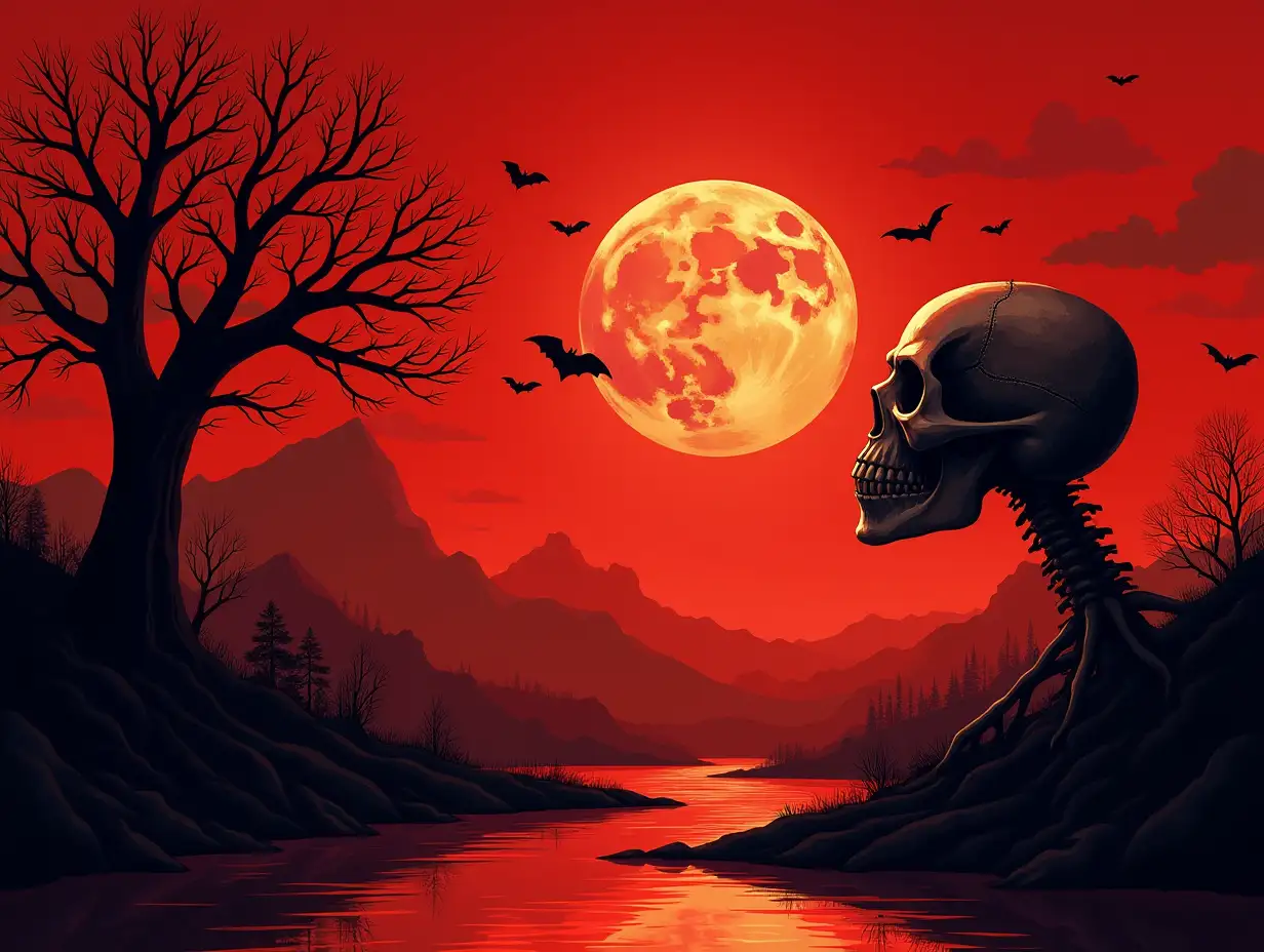 Create for me a landscape reddish with a skull tree river on the left and right bats flying around the moon shines, a few clouds