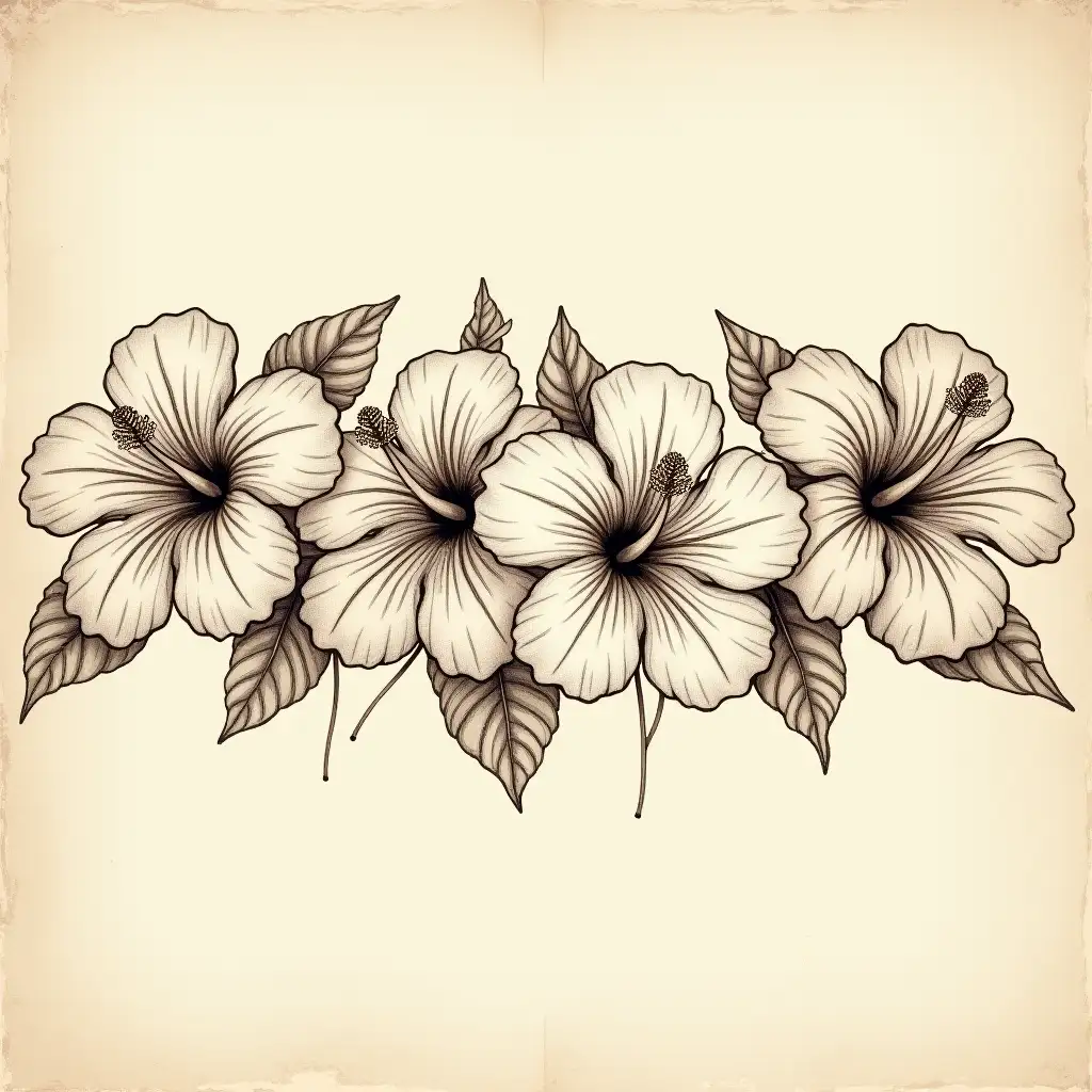 distressed and faded vintage sketch of a row of hibiscus flowers in dark brown and white