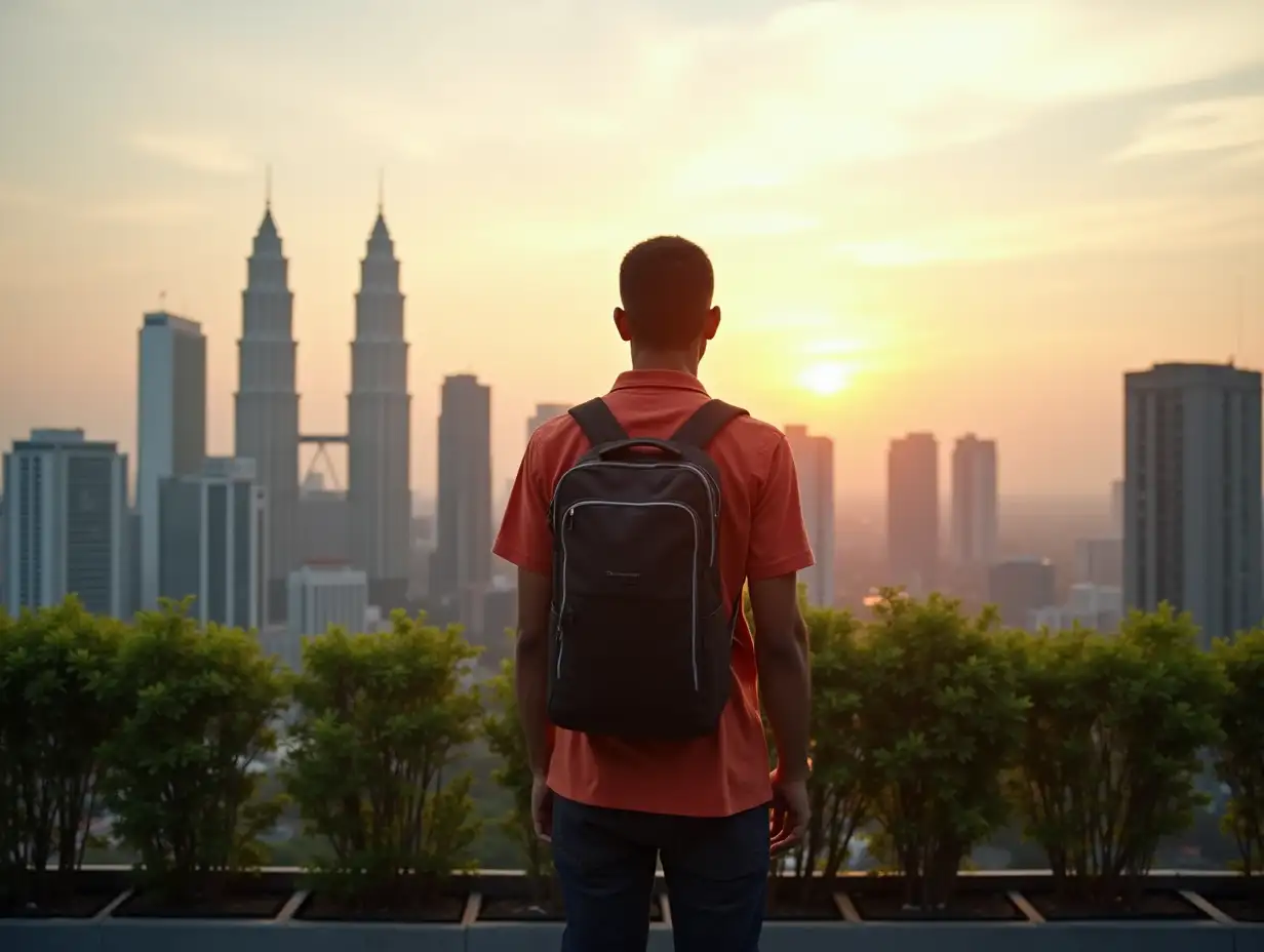 Male-Tourist-Enjoying-Sunrise-Panorama-from-Kuala-Lumpur-Rooftop-Terrace