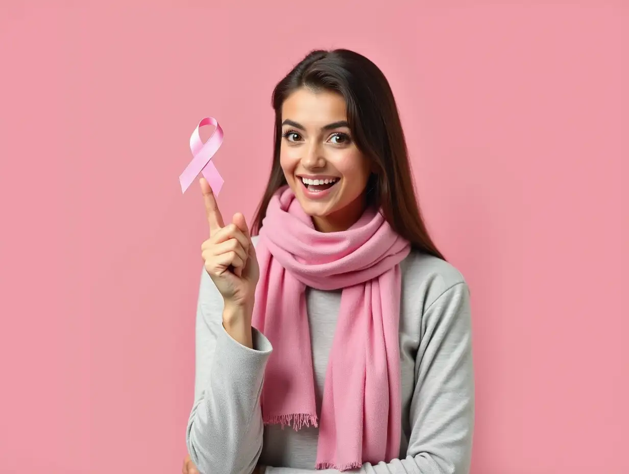 Young brunette woman wearing head scarf and holding pink cancer ribbon surprised with an idea or question pointing finger with happy face, number one