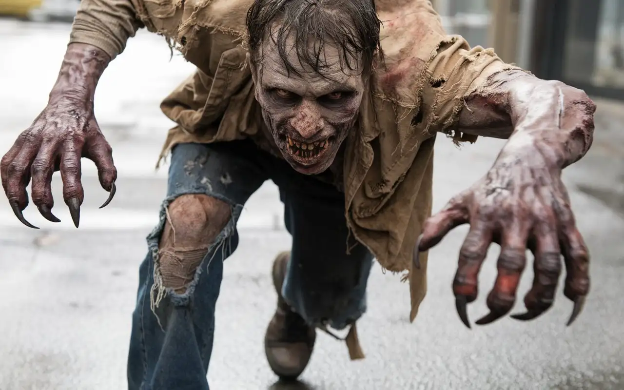 A rotten zombie with claw-like nails on his hands,legs long toe  curved nails and a mouth with sharp, ugly jagged jaw teeth. The zombie is dressed in torn clothes, without shoes, they goes after his prey, stretching out they arms in front of they to grab it. the close up, face to face, how The Walking Dead TV Series. photo. full-length photo.