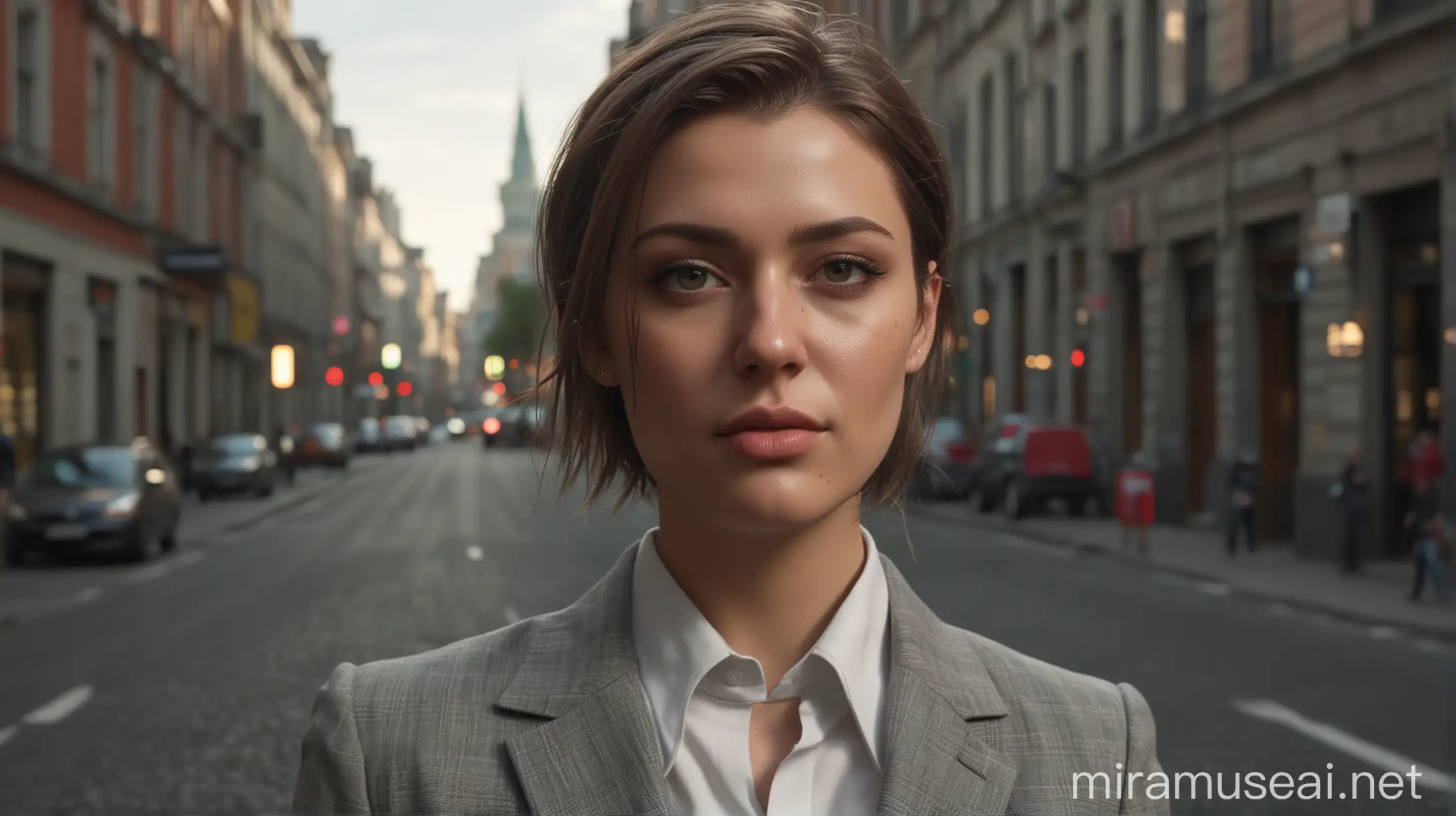 Young Woman in Armani Business Suit Moscow Street Photoshoot