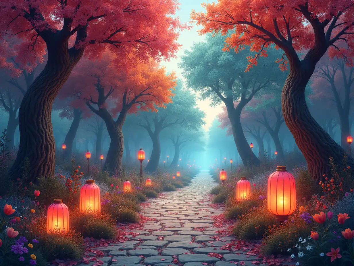 Create a surreal world with colorful trees, flowers and lanterns