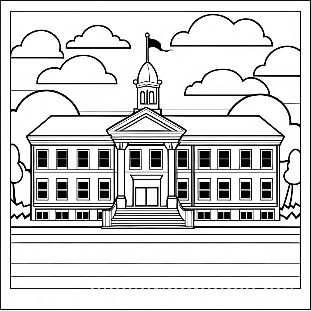 Generate a simple colouring image for kids of a school, Coloring Page, black and white, line art, white background, Simplicity, Ample White Space. The background of the coloring page is plain white to make it easy for young children to color within the lines. The outlines of all the subjects are easy to distinguish, making it simple for kids to color without too much difficulty