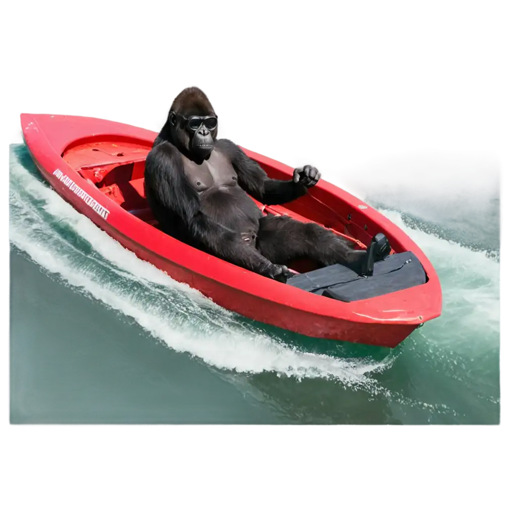 a red boat with a wild lady driving has a Gorilla with red shorts on and sunglasses water skiing behind the boat that wipes out and pulls his hamstring aching in pain