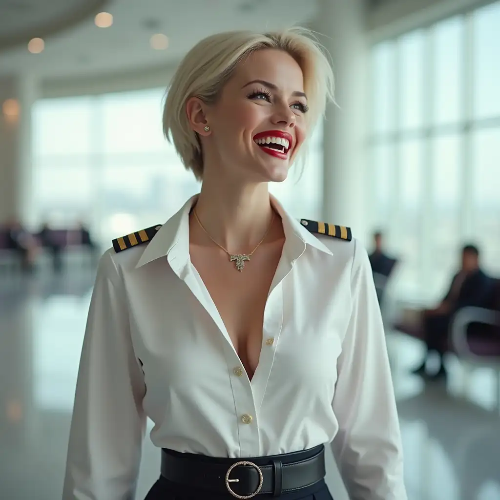 white lady , in white deep-necked pilot button shirt, decolte, laughing with her mouth open, red lipstick accentuating her smile,belt on waist, big wide hips, chest are fully grown, jewerly, short hair, HD, airport, photo-realism