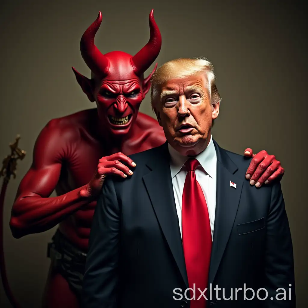 Donald Trump makes a frightened face, because the devil is standing behind him and tapping him on the shoulder