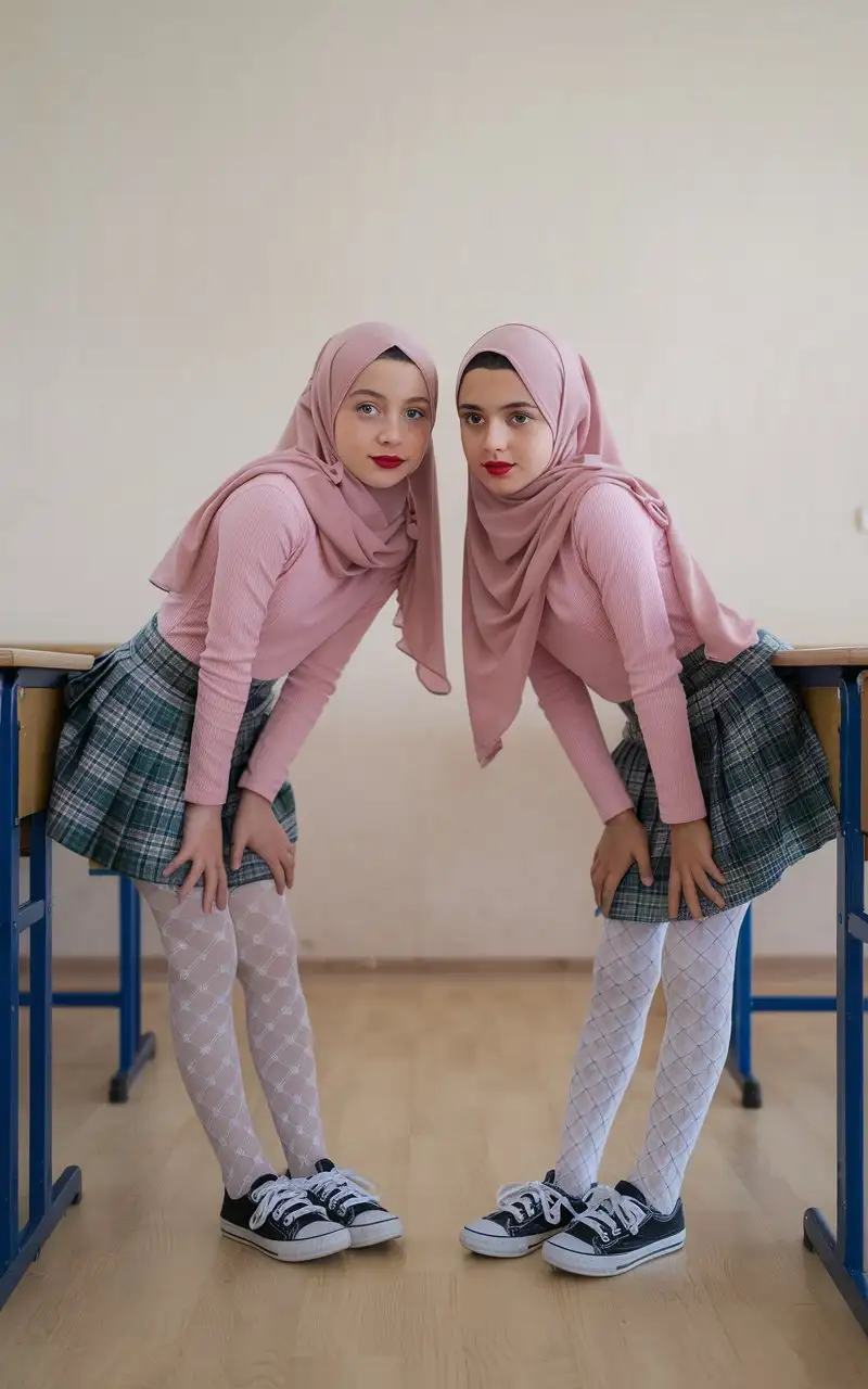 Two-Petite-Girls-in-School-Uniform-Bending-Over-Wall-in-Classroom