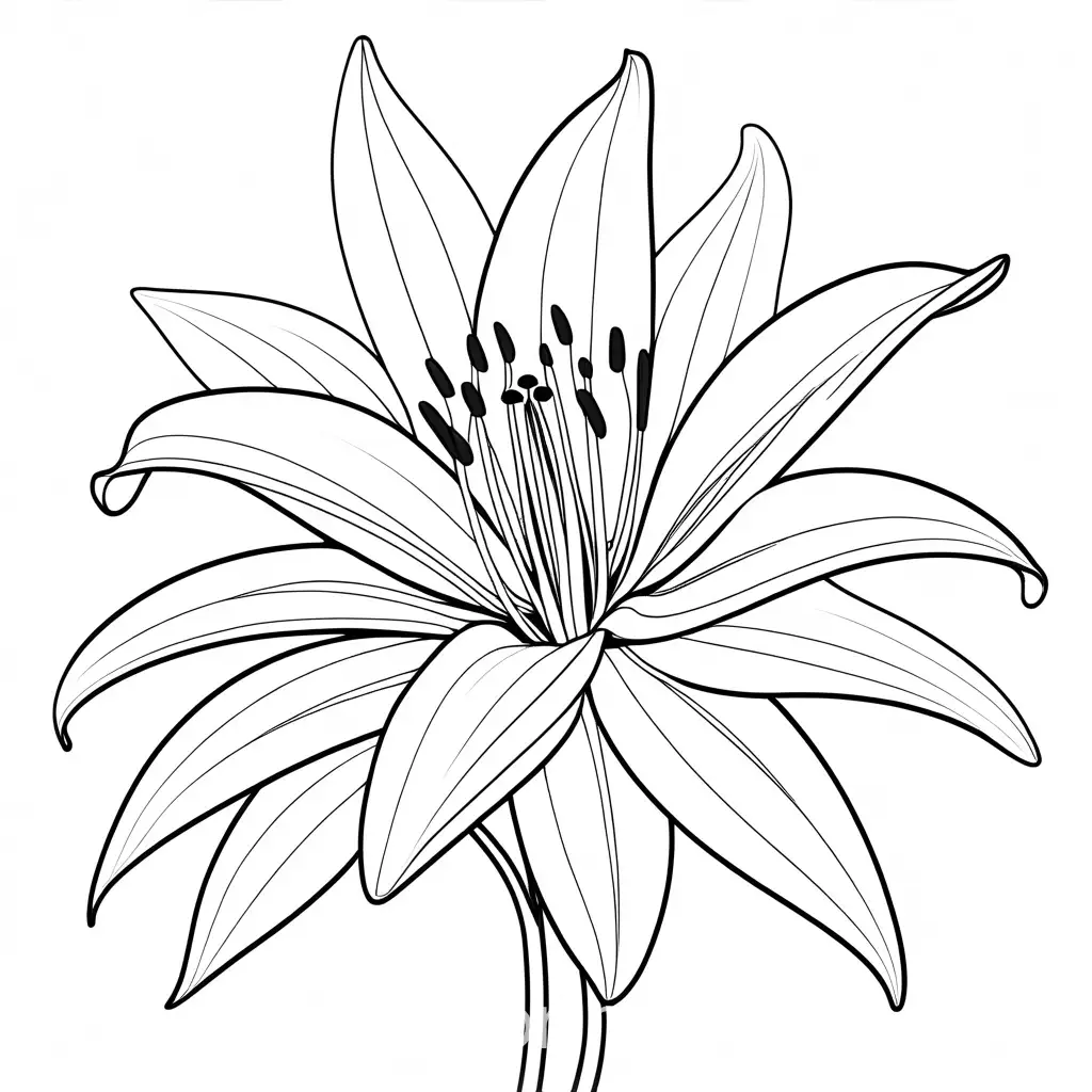 lily flower with leaf, Coloring Page, black and white, line art, white background, Simplicity, Ample White Space. The background of the coloring page is plain white to make it easy for young children to color within the lines. The outlines of all the subjects are easy to distinguish, making it simple for kids to color without too much difficulty