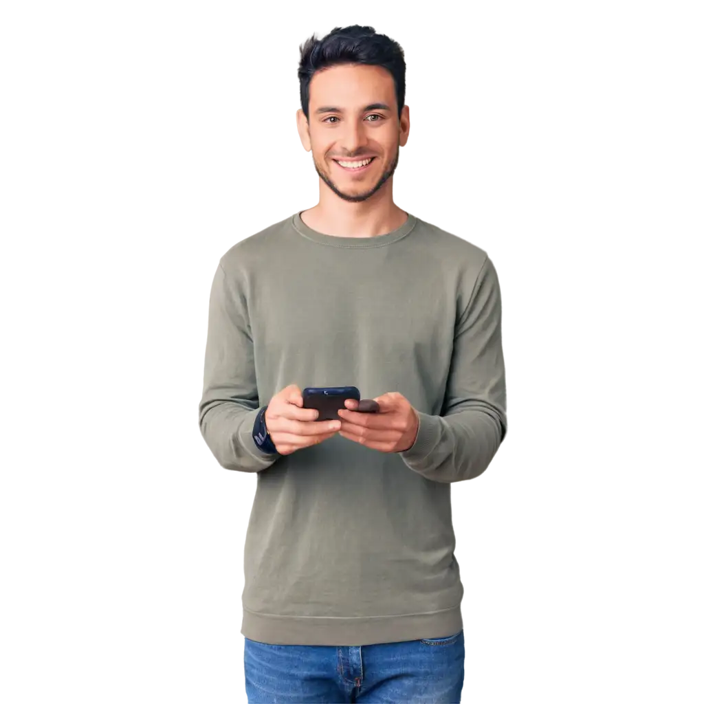 Alone-Happy-Man-Using-iPhone-in-Social-Clothes-PNG-Image