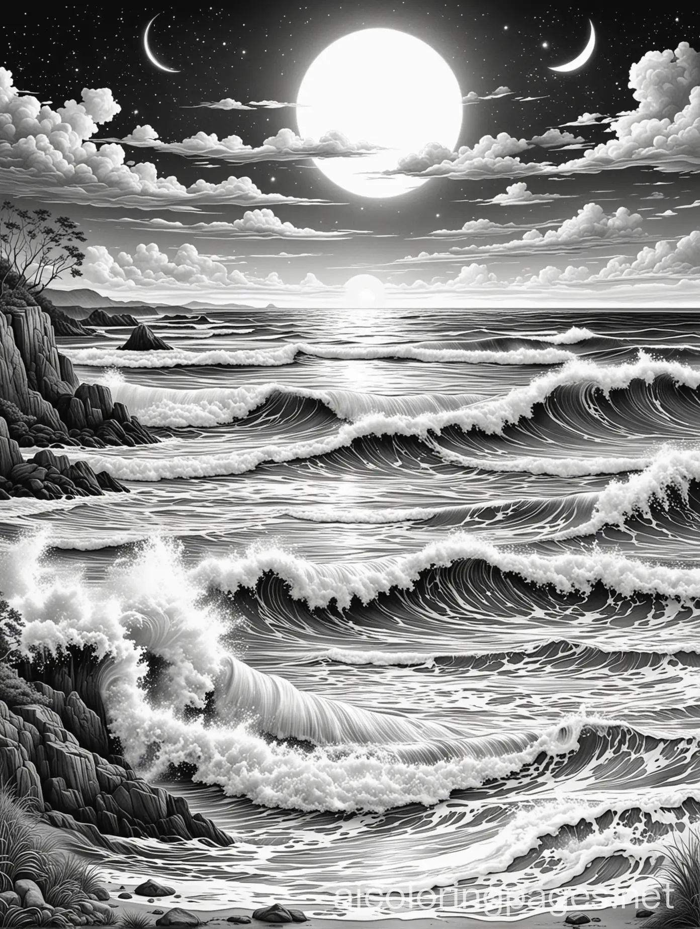 Moonlit-Beach-Scene-with-Crashing-Waves-Coloring-Page-Line-Art