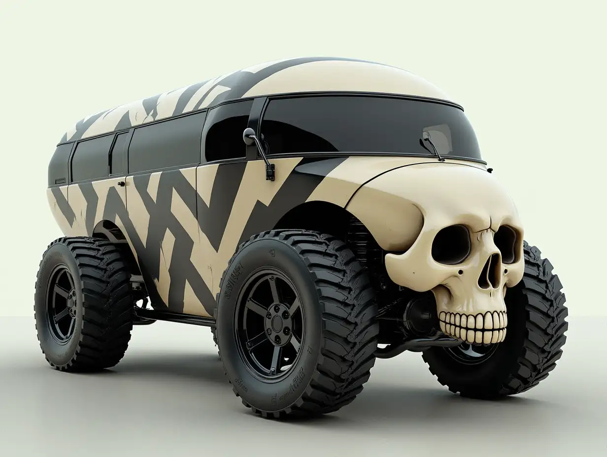 Supermodern utopian sports bus lowered body with skull, aluminum wheels, wide tires, cream black zig zag pattern science fiction