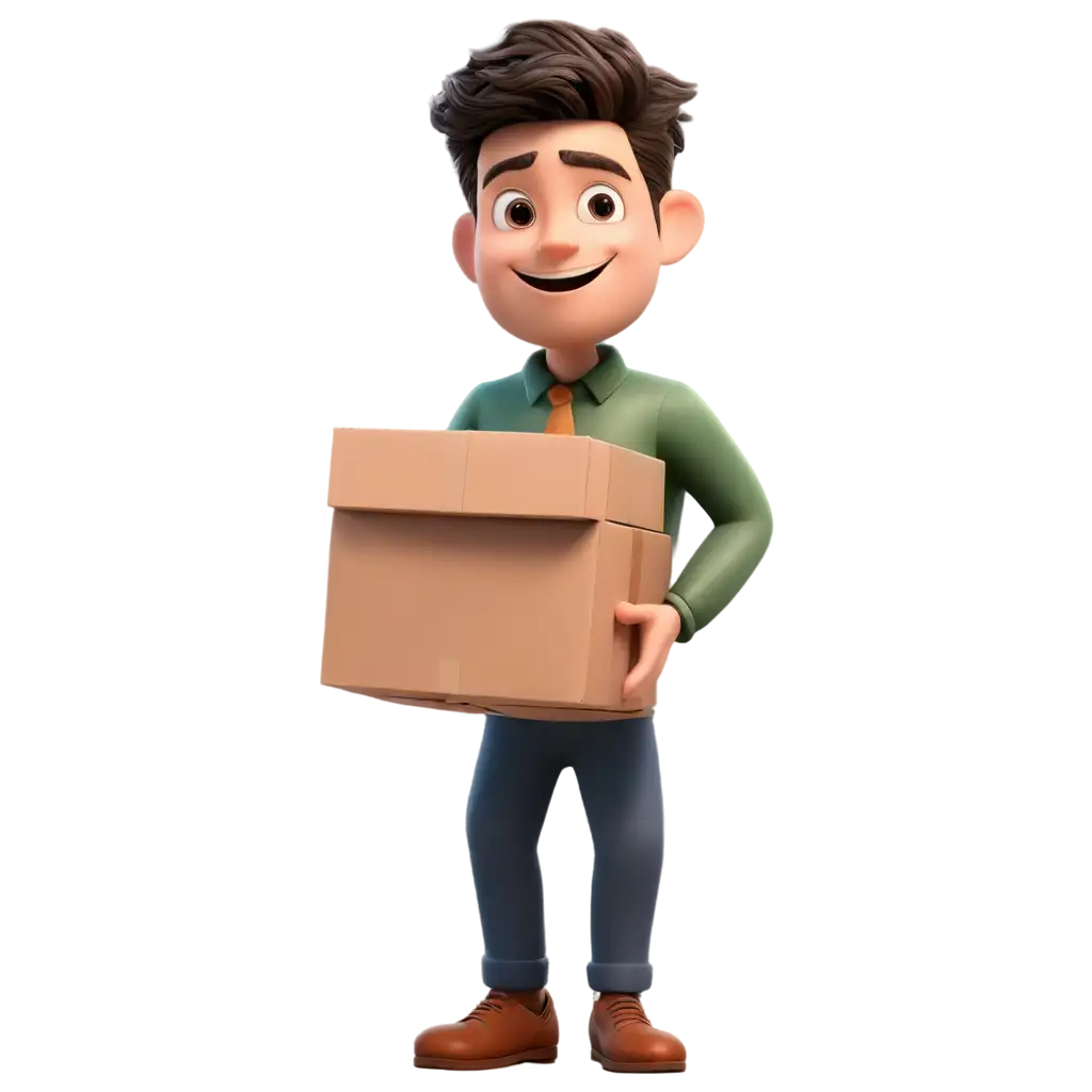 small cartoon man lifting a big box