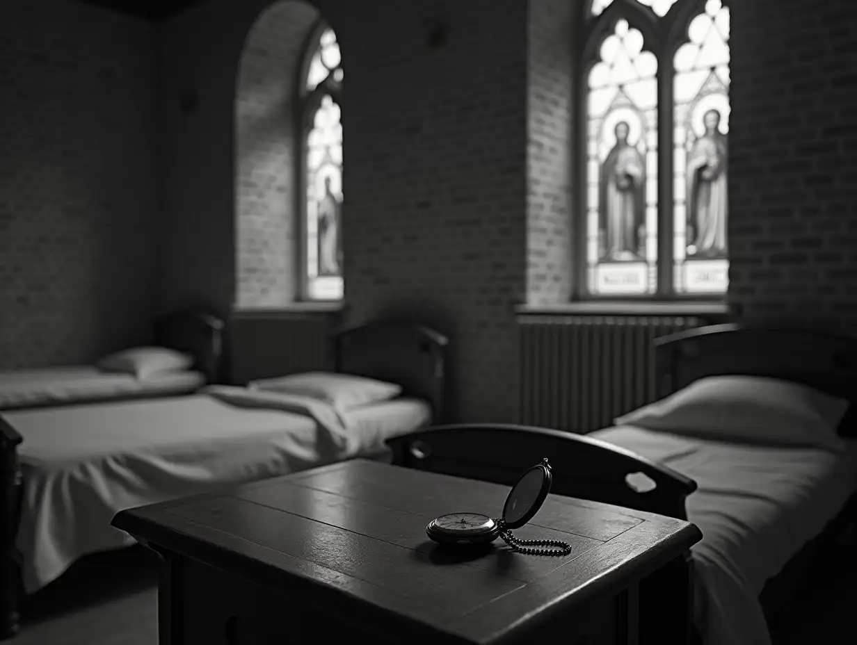 BlackandWhite-Interior-of-an-Old-Castle-with-Vintage-Pocket-Watch-and-Stained-Glass