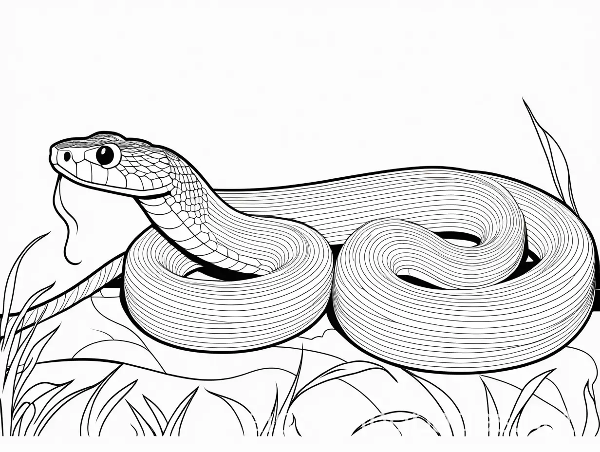 snake, Coloring Page, black and white, line art, white background, Simplicity, Ample White Space. The background of the coloring page is plain white to make it easy for young children to color within the lines. The outlines of all the subjects are easy to distinguish, making it simple for kids to color without too much difficulty