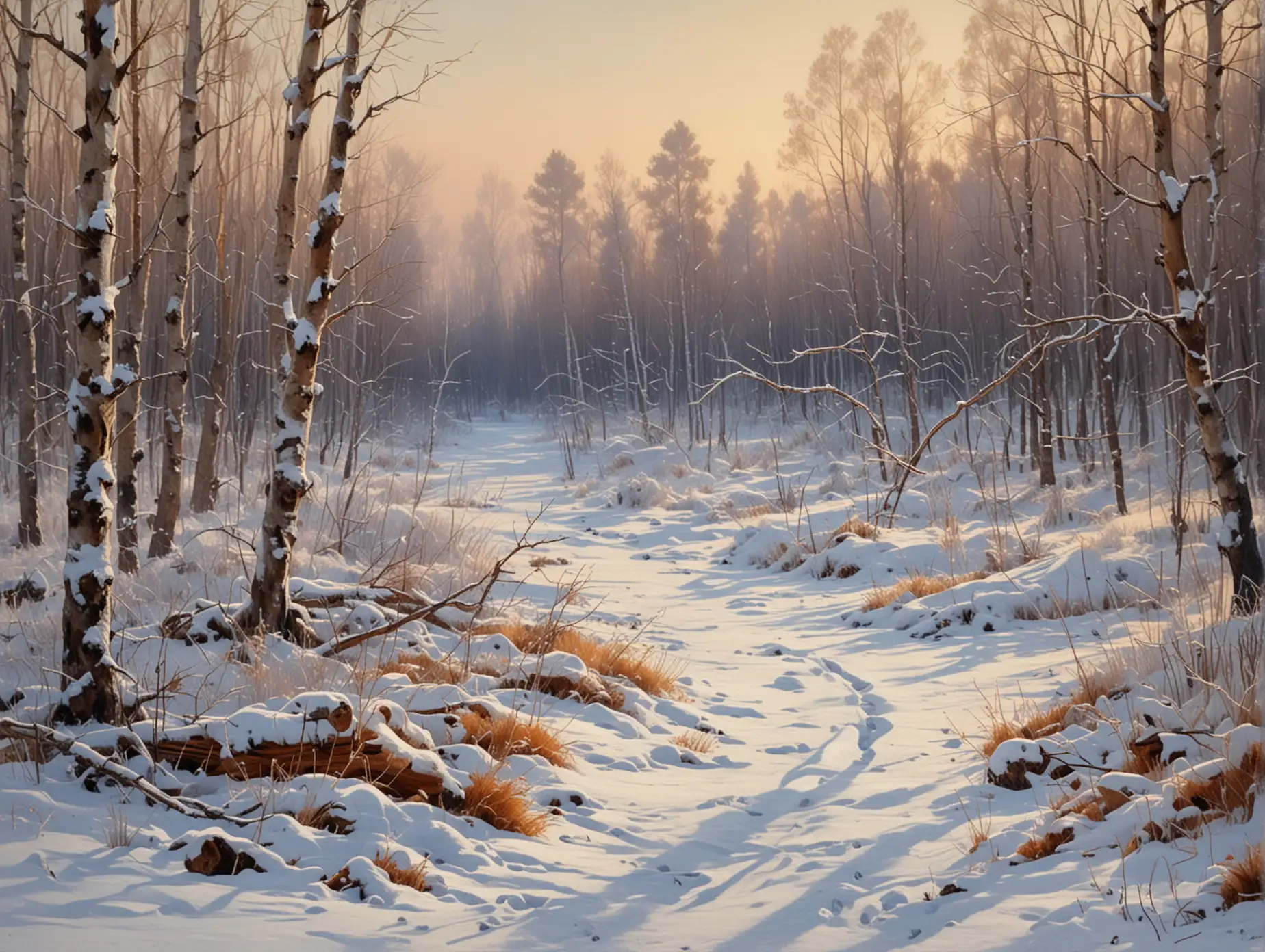 Winter-Birch-Forest-Landscape-with-Fallen-Branches-and-Ochre-Grass