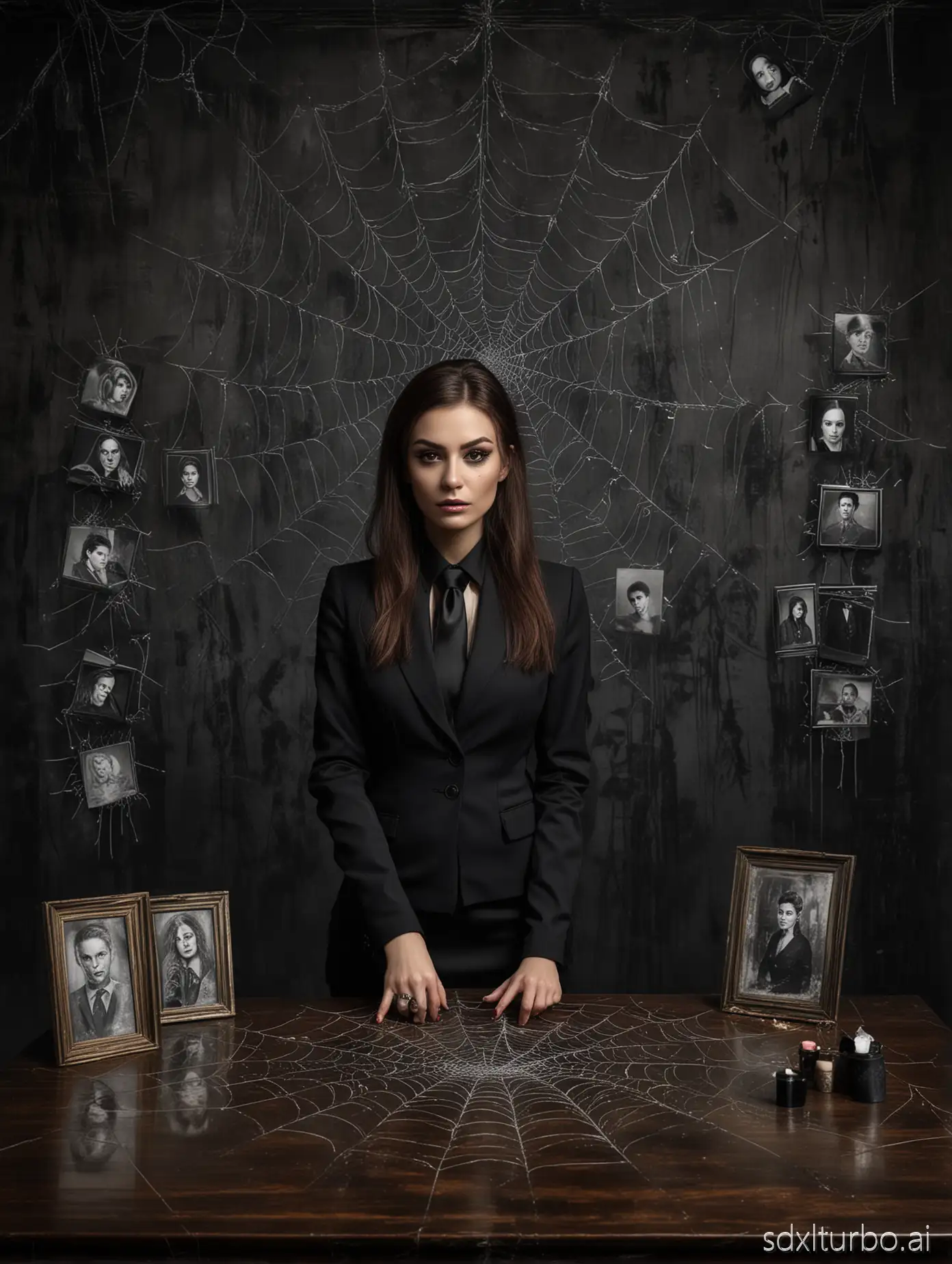Photograph of an glamourous businesswoman dressed in dark business suite, wearing makeup, standing behind a table with magical signs, spider web and deformed faces on walls, eerie atmosphere, dark and gloomy, realistic picture, highly detailed