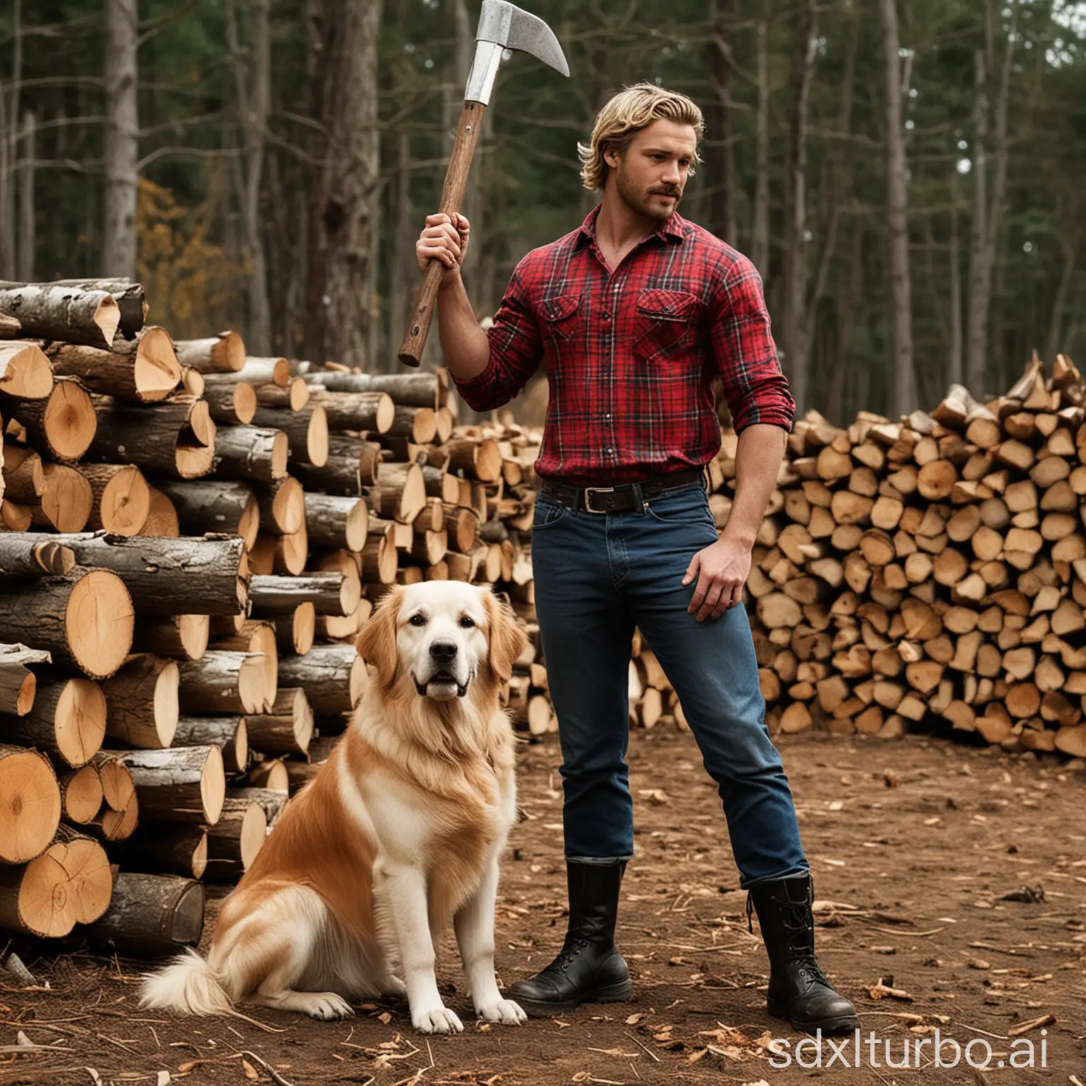 Small-Gay-Lumberjack-with-Axe-and-Golden-Retriever-by-Woodpile