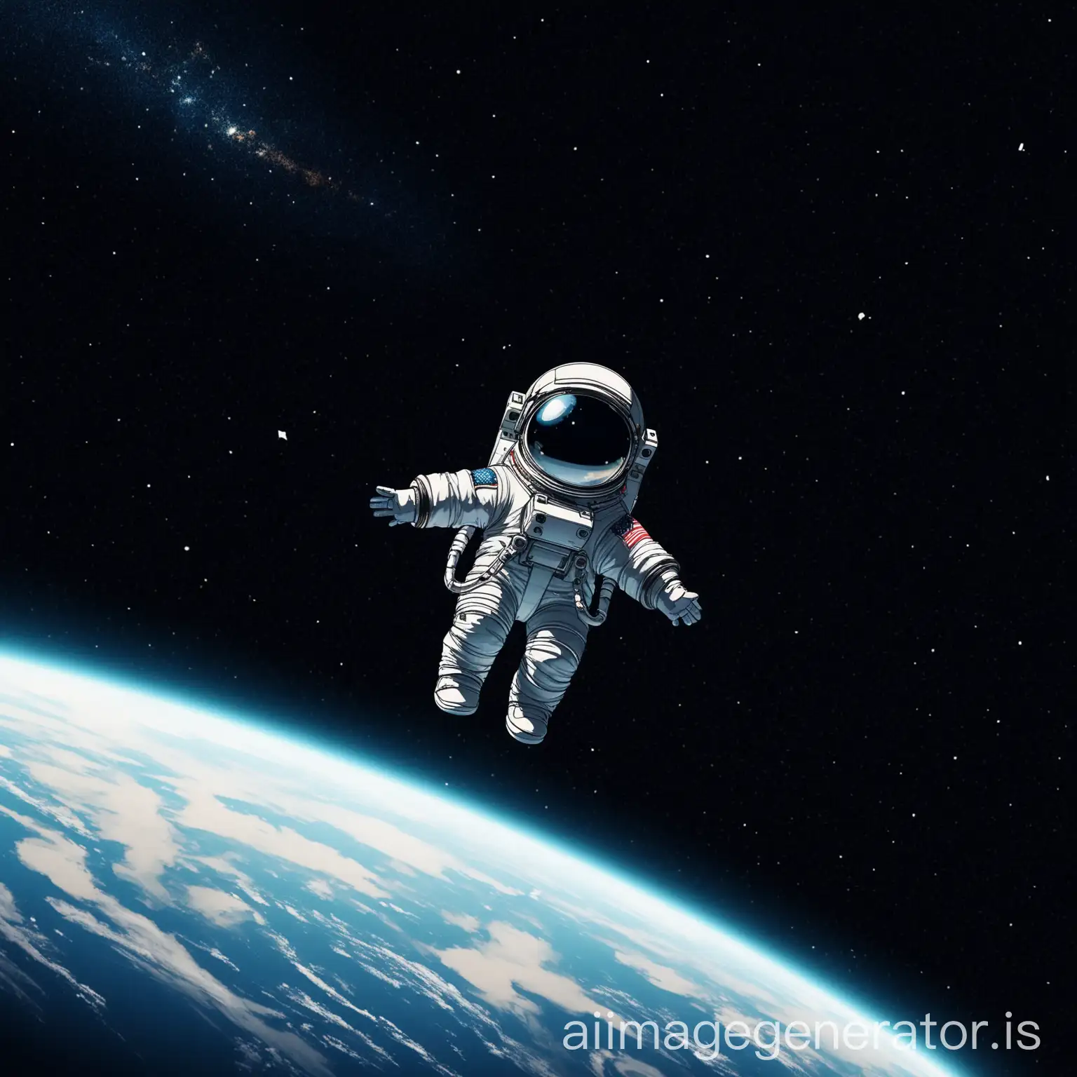 little anonymous astronaut floating in space far away