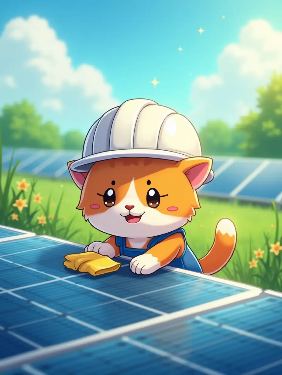 kawaii positive fluffy anime style cat in a white hard hat and blue overalls wipes a solar panel on a solar electric farm with a cloth. Green fields with solar energy farms in the background with atmosphere of magical glow, paint in cartoon anime style